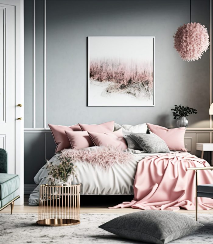 Modern home interior bedroom with pink accents, large sofa, picture